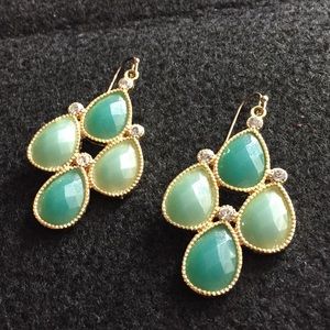 Beveled Gold Trim Green and CZ Hanging Earrings